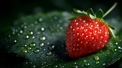 Wall Mural - Close-up of a single, ripe strawberry resting on a green leaf with water droplets.