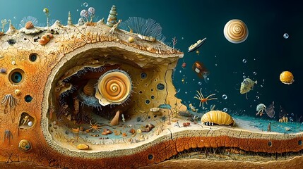 Poster - Detailed cross section of the ocean floor highlighting a clam shell and the diverse array of sea creatures coexisting within this underwater ecosystem