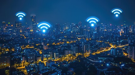 Poster - Modern city with wireless network connection and urban landscape concept wireless network and connectivity technology on city background at night.