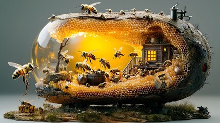Poster - Detailed cross section view of a beehive exposing the intricate structure of the honeycomb as well as the queen bee and industrious worker bees inside