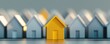 © ParinApril - A yellow miniature house stands out among blurry houses in the background, symbolizing uniqueness and homeownership.