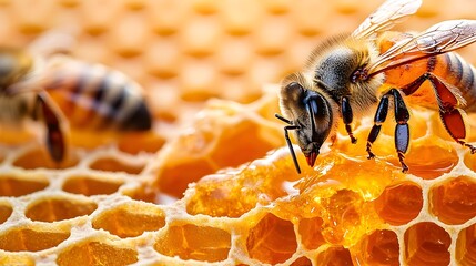 Poster - Dripping honeycomb cells spill golden honey revealing nature s intricate patterns and the sweetness of this natural liquid nectar  This close up
