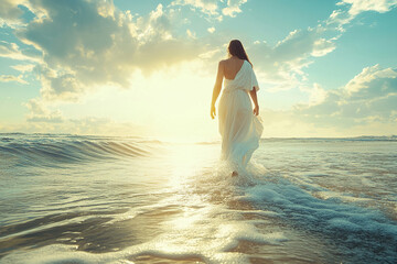 Woman in white long dress standing in water. Concept of faith and religion