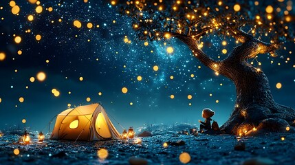 Poster - Enchanting glowing mesh lines depicting a starry night sky above a serene and tranquil campsite with softly illuminated tents creating a dreamlike and futuristic atmosphere for outdoor adventure and