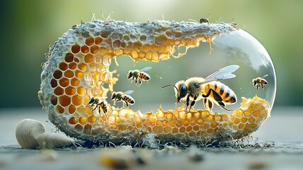 Poster - Illuminated cross section of a beehive revealing the intricate details of the honeycomb structure the queen bee and the busy worker bees