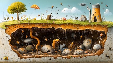 Aufkleber - Intricate Cross Section of a Thriving Forest Ecosystem Revealing the Hidden World of Decomposing Matter Insects and Worms that Sustain the Soil s Vitality