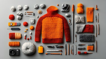 Poster - Layered cross section of a vibrant knitting kit showcasing various stages of the craft with yarn needles and finished projects in an array of colors and textures