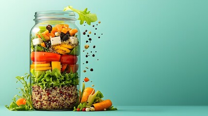 Poster - Layered Jar Salad Cross Section with Quinoa Assorted Vegetables and Leafy Greens   Healthy Nutritious and Visually Appealing Meal Concept