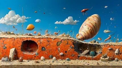 Aufkleber - Mesmerizing cross section of the ocean floor showcasing a stunning clam shell surrounded by a diverse array of captivating sea creatures in their natural underwater habitat