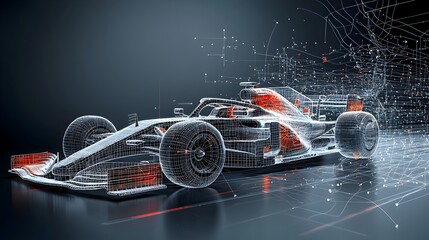 Fototapete - A digital showcasing a sleek futuristic racing car with glowing mesh lines zipping through a light streaked track capturing the essence of speed energy and technological innovation