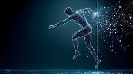 Poster - A dynamic and futuristic image of a mesh like pole vaulter glowing and suspended mid air with bright arching lines of light forming an abstract backdrop above the figure