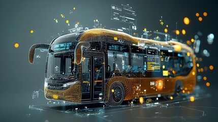 Poster - A futuristic bus design with glowing mesh lines forming the body and illuminated digital displays showcasing transit routes and passenger information