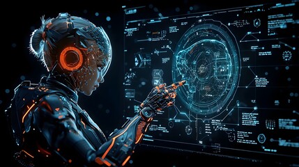 Fototapete - A glowing mesh humanoid robot interacts with holographic data panels showcasing a futuristic technology concept with digital intelligence and advanced cybernetic interfaces