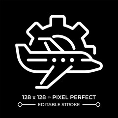 Poster - aircraft maintenance white linear icon for dark theme. technical service. plane and gear. engineerin