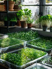 Poster - In a cozy home greenhouse, trays of lush microgreens thrive under natural light, showcasing an indoor gardening project. Generative AI