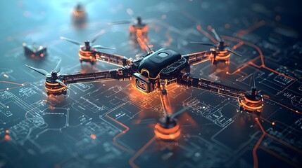 Aufkleber - Autonomous drones forming a glowing mesh pattern network for futuristic delivery and logistics system