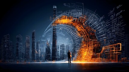 Aufkleber - Breathtaking digital showcasing an iconic travel monument surrounded by a captivating mesh of glowing lines and dynamic vibrant lighting effects creating a futuristic and visually stunning scene