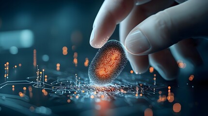 Poster - Captivating 3D render of a glowing mesh outline of a digital fingerprint scanner device pulsing with dynamic energy and a futuristic cyberpunk aesthetic