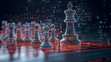 Aufkleber - Futuristic digital of glowing mesh chess pieces engaged in dynamic and strategic gameplay representing the intellectual challenge and problem solving of the classic game