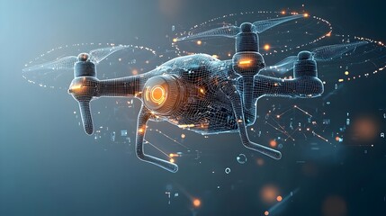 Aufkleber - Captivating digital artwork depicting a glowing mesh drone in mid flight leaving behind mesmerizing trails of digital energy and light  The image showcases a futuristic technological