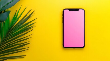 Poster - Pink phone is sitting on a yellow background. The phone is turned off and the screen is blank
