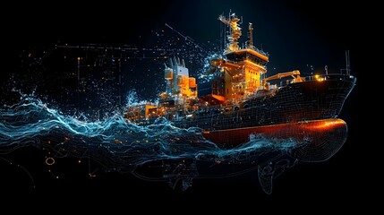 Aufkleber - Detailed mesh outline of a cargo ship with glowing containers and dynamic water waves conveying a futuristic technological and digital maritime transport concept