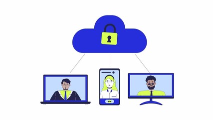 Poster - Secure cloud storage for small business 2D animation. Keeping data safe, protected 4K video motion graphic. File sharing between employees animated characters cartoon flat concept, white background