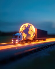 Truck transporting glowing globe, representing global shipping, against a twilight backdrop.