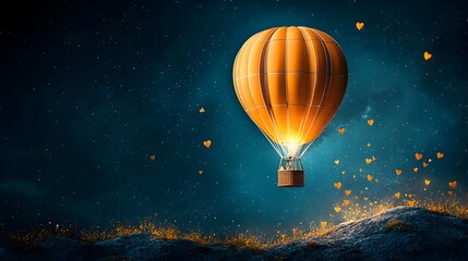 Poster - Ethereal and captivating mesh patterned hot air balloon gracefully floating above a mesmerizing glowing landscape at the tranquil dawn  This surreal