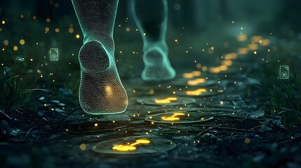 Leinwandbilder - Ethereal glowing mesh footprints illuminating a mystical forest landscape representing the impact and transformation of deforestation