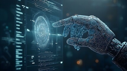 Poster - Futuristic digital of a glowing mesh robotic hand reaching and gesturing towards a holographic ethereal interface or display panel
