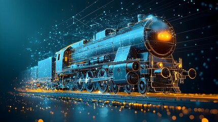 Futuristic digital of a freight train with glowing mesh lines and illuminated cargo containers moving across shimmering rails