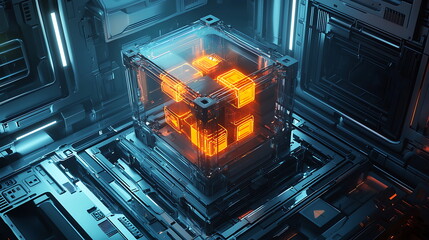 Leinwandbilder - Exploring a futuristic glowing cube in a high-tech environment a journey into advanced technology and design innovations