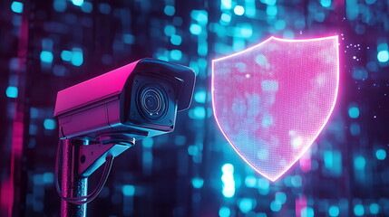 Poster - Illuminated security camera with digital shield in neon lights representing advanced surveillance solutions and protection methods