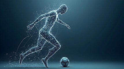 Aufkleber - Futuristic glowing mesh figure kicking a digital soccer ball with dynamic neon arcs tracing the motion showcasing abstract technology energy and athleticism in a 3D rendered scene