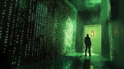 Leinwandbilder - exploring the enigmatic atmosphere of a neon-lit room with silhouetted figures against a backdrop of