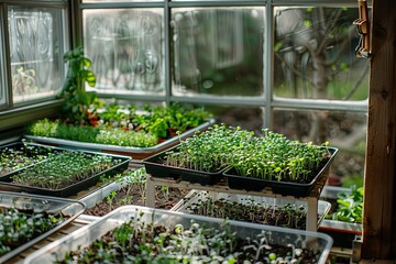 Poster - Various trays in a cozy greenhouse showcase a plethora of vibrant microgreens thriving in sunlight. Generative AI