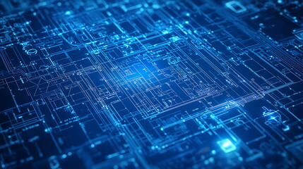 Fototapete - Exploring the intricacies of abstract circuit board design on a blue background for innovative technology visualizations
