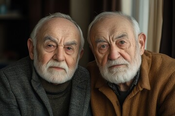 Two men with white hair and beards are sitting next to each other. They are both wearing jackets and appear to be in a serious or contemplative mood