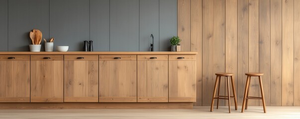 Modern kitchen with wooden cabinets and minimalist design, featuring two wooden stools in a cozy environment.