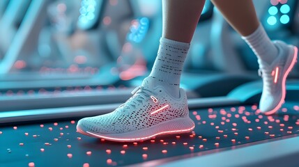 Futuristic mesh runner glowing and moving on a treadmill with pulsing neon lights that follow the rhythm of the workout  Dynamic and energetic digital with a modern technological aesthetic