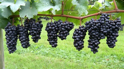 Wall Mural - Lush bountiful grapevines with ripe fruit hanging from every branch on a traditional Tuscan vineyard captured during the golden hour when the soft warm light creates a serene and picturesque scene