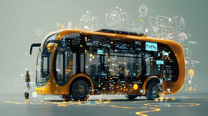 Leinwandbilder - Futuristic transportation concept with a glowing mesh like bus filled with illuminated route maps and passenger information displays showcasing the of technology connectivity