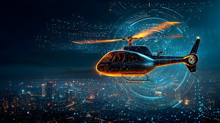 Aufkleber - Futuristic vision of a helicopter with glowing mesh lines soaring over the vibrant and illuminated skyline of a bustling city at night creating a visually striking and captivating scene