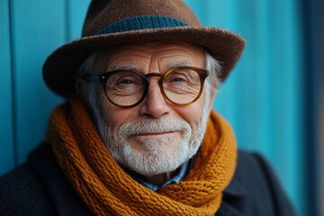 Wall Mural - Man wearing a hat and glasses is smiling. He is wearing a scarf and a coat. The man is smiling and looking at the camera