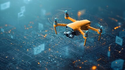 Aufkleber - futuristic rendering of a drone navigating through a glowing digital mesh network while transporting