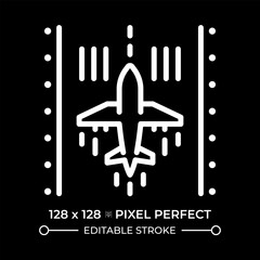 Poster - airplane on runway white linear icon for dark theme. represents takeoff, landing and airport operati