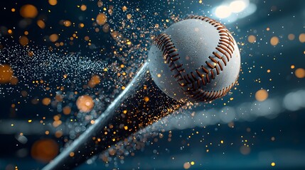 Fototapete - Glowing Mesh Baseball Bat Striking a Ball with Vibrant Sparks and Luminous Trails Creating a Dynamic and Energetic Sports Action Scene