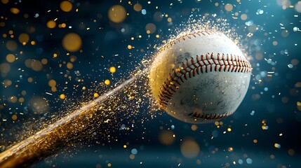 Fototapete - Glowing mesh baseball bat making dynamic contact with a ball surrounded by illuminating sparks and trails of light creating an abstract and energetic sports