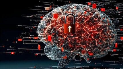 Aufkleber - Glowing Mesh Brain with Lock   Visualizing the Complexities of Mental Health Awareness and the Role of Technology in the Digital Era